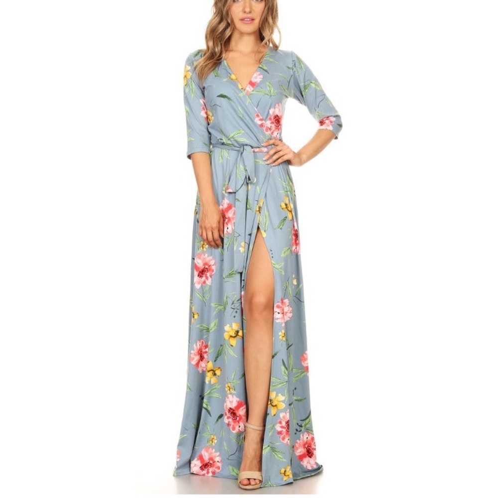Light Blue Floral Print Belted Faux Wrap Boho Maxi Dress